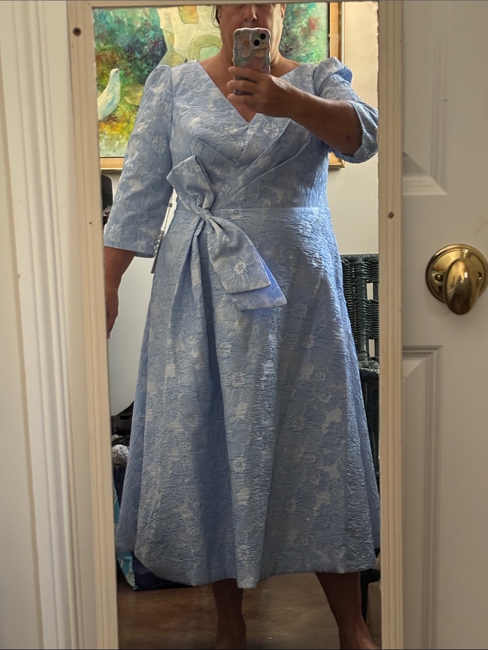 Blue & pale blue floral brocade midi v neck A line dress